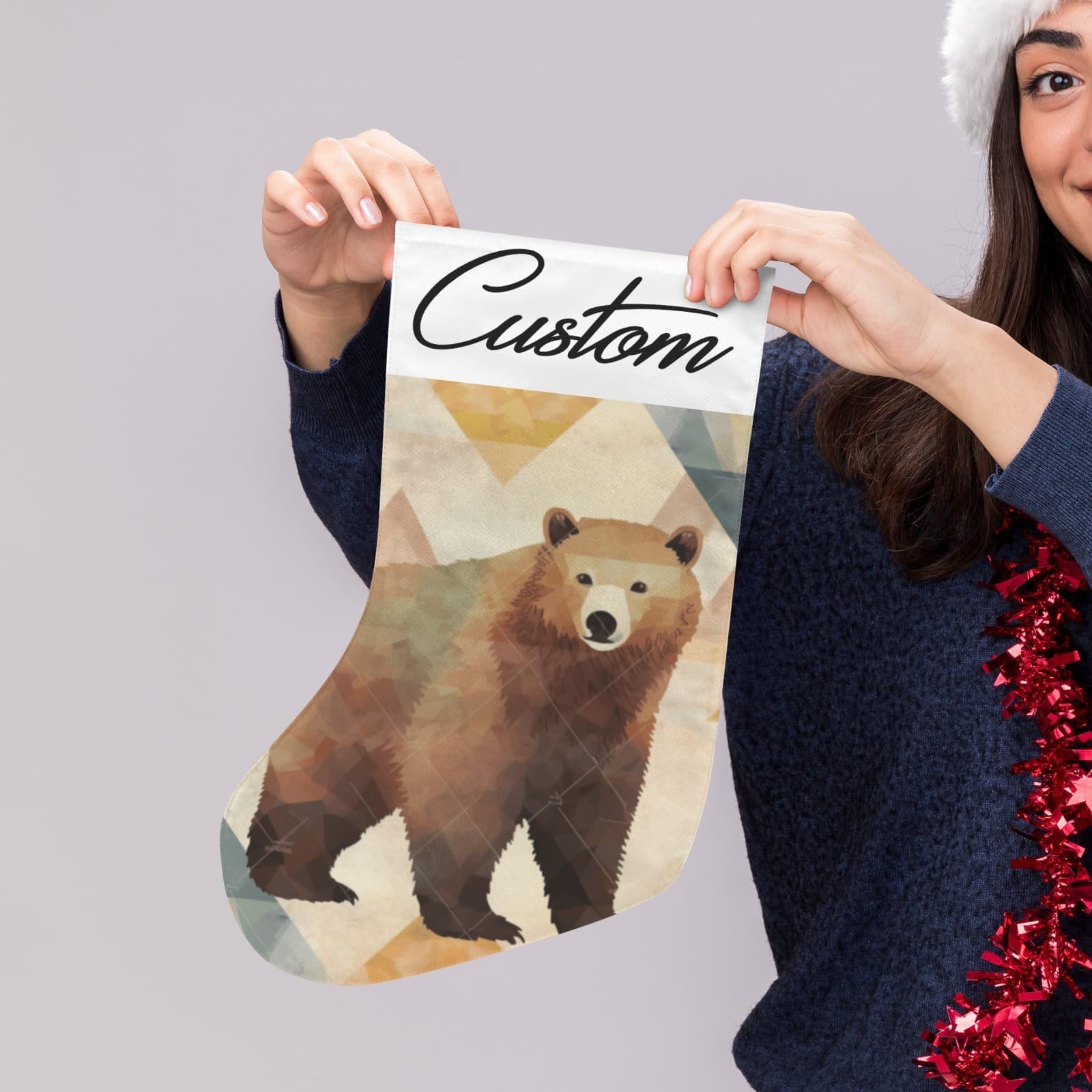 Geometric Bear Christmas Stocking Rustic Cabin Decor Custom Holiday Gift - Thumbnail 3