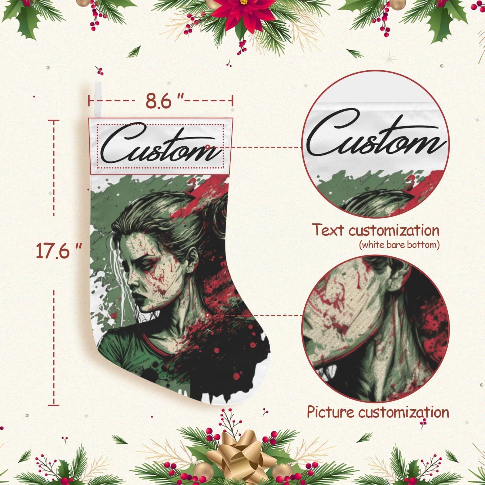 Custom Horror Woman Christmas Stocking • Dark Zombie Art • Personalized Name • - Thumbnail 4