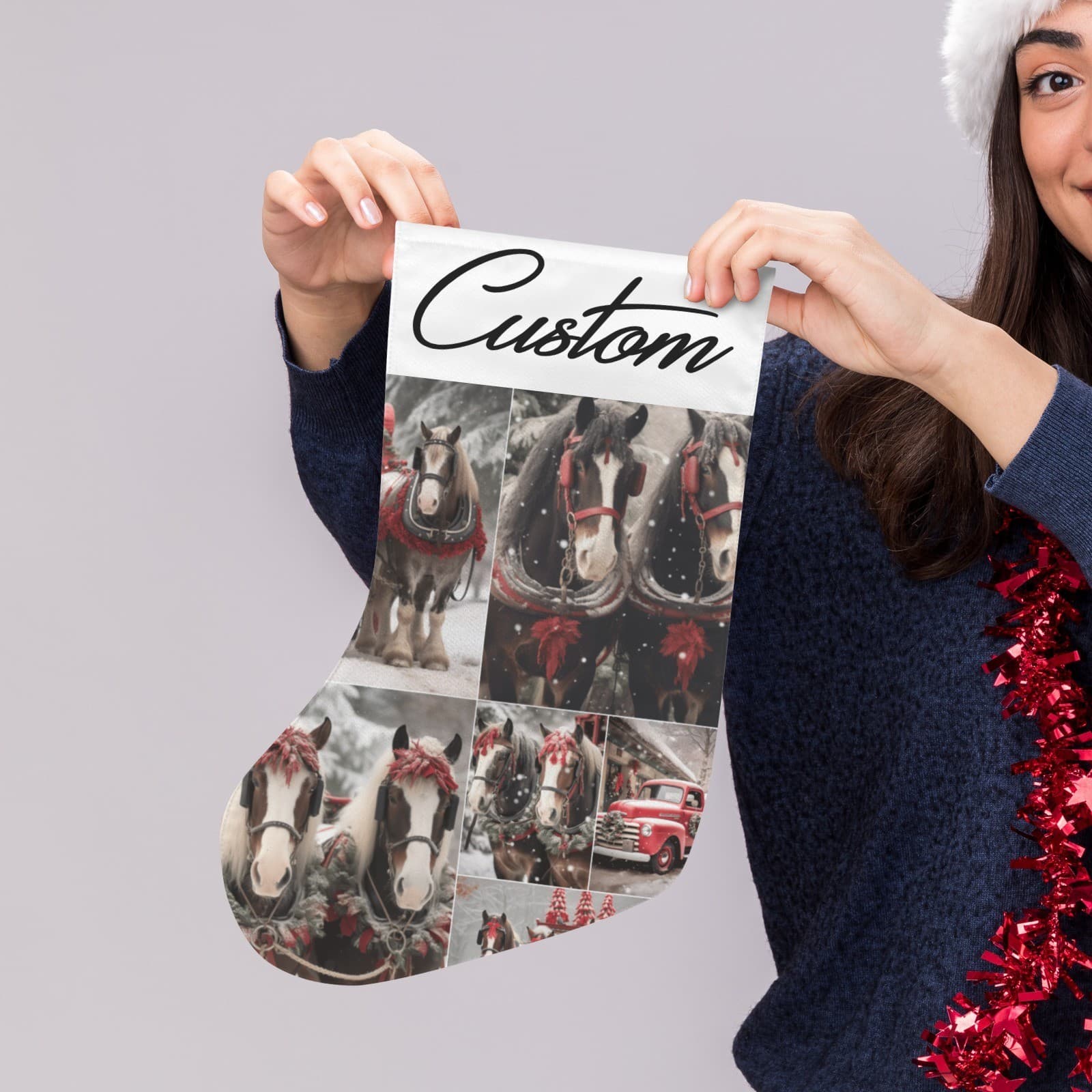 Custom Christmas Stocking – Horse & Sleigh Winter Collage Holiday Decor, Persona - Thumbnail 2