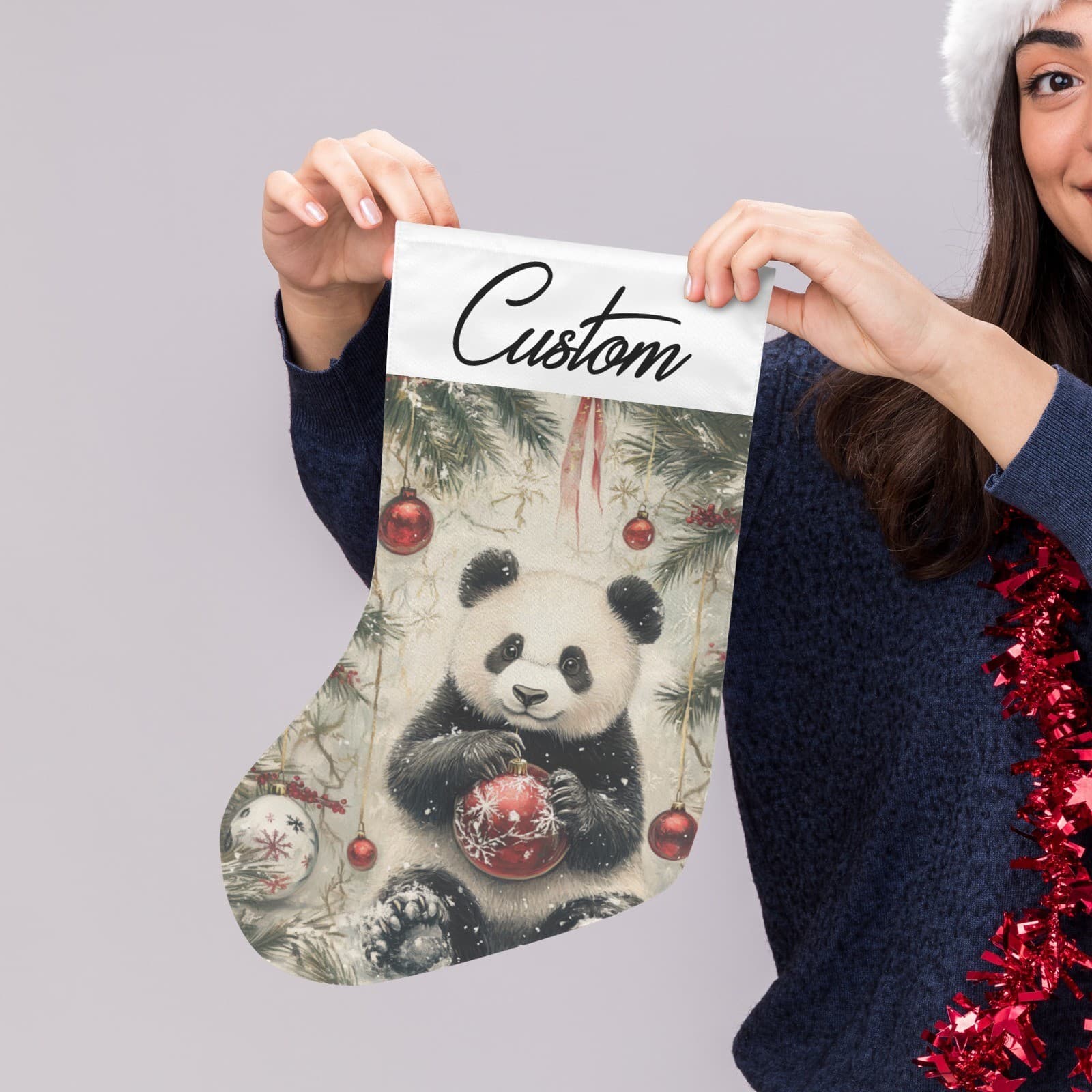 Panda Bear Christmas Gift Stocking Holiday Home Decor Animal Theme Rustic Style - Thumbnail 5
