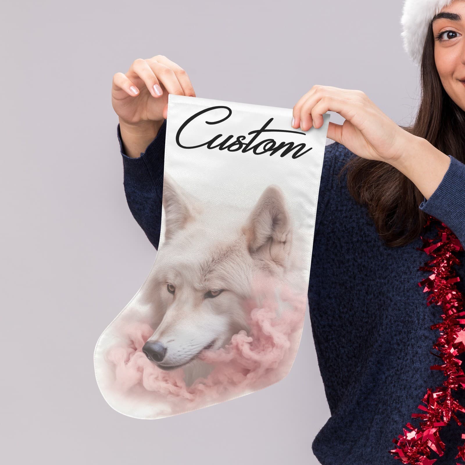 Custom Pink White Wolf Christmas Stocking Personalized Name, Fantasy Wolf Decor - Thumbnail 4