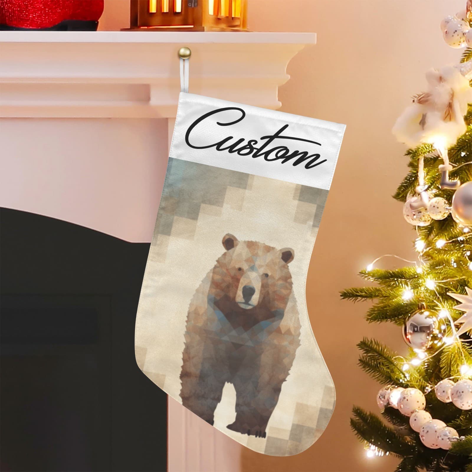Custom Bear Christmas Stocking Rustic Cabin Decor – Personalized Name Geometric - Thumbnail 4