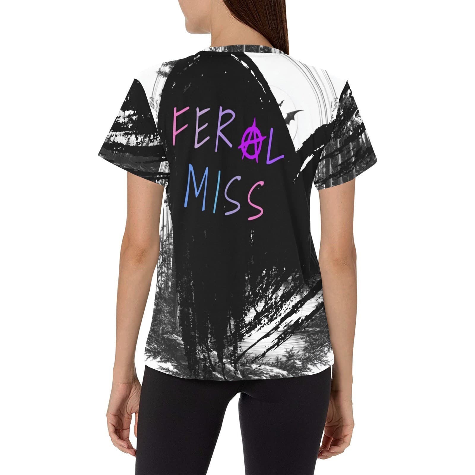 Feral Miss Moon & Bat Forest Tee – Gothic Print Shirt | XS–4XL | USA Made - Thumbnail 4