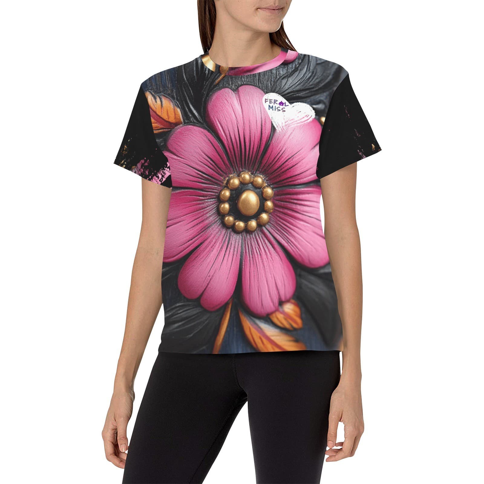 Feral Miss Pink Flower Tee – 3D Bold Floral Shirt for Women | XS–4XL USA - Thumbnail 3
