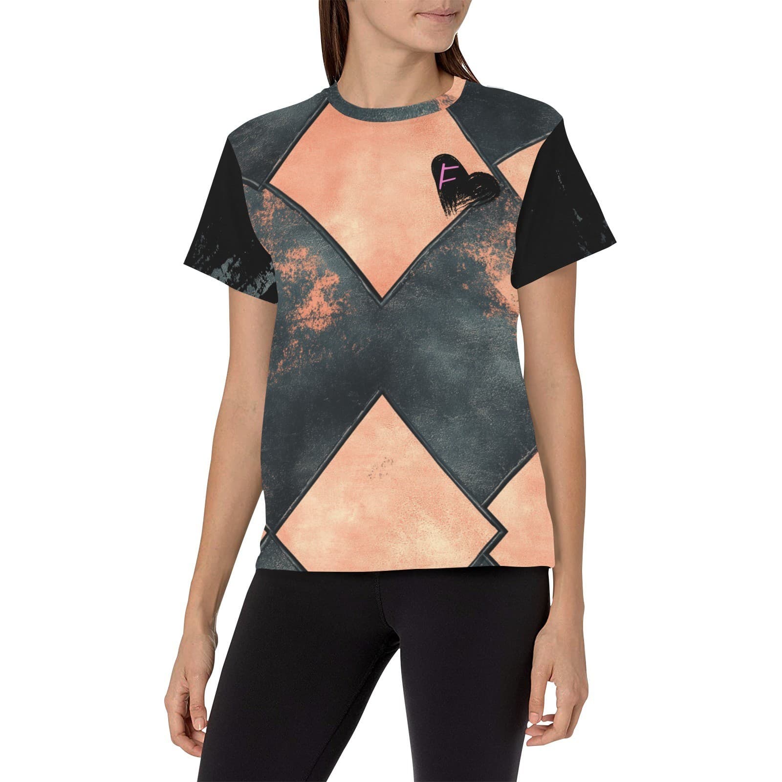 Feral Miss Grunge Diamond Tee – Coral & Charcoal Shirt | XS–4XL - Thumbnail 3