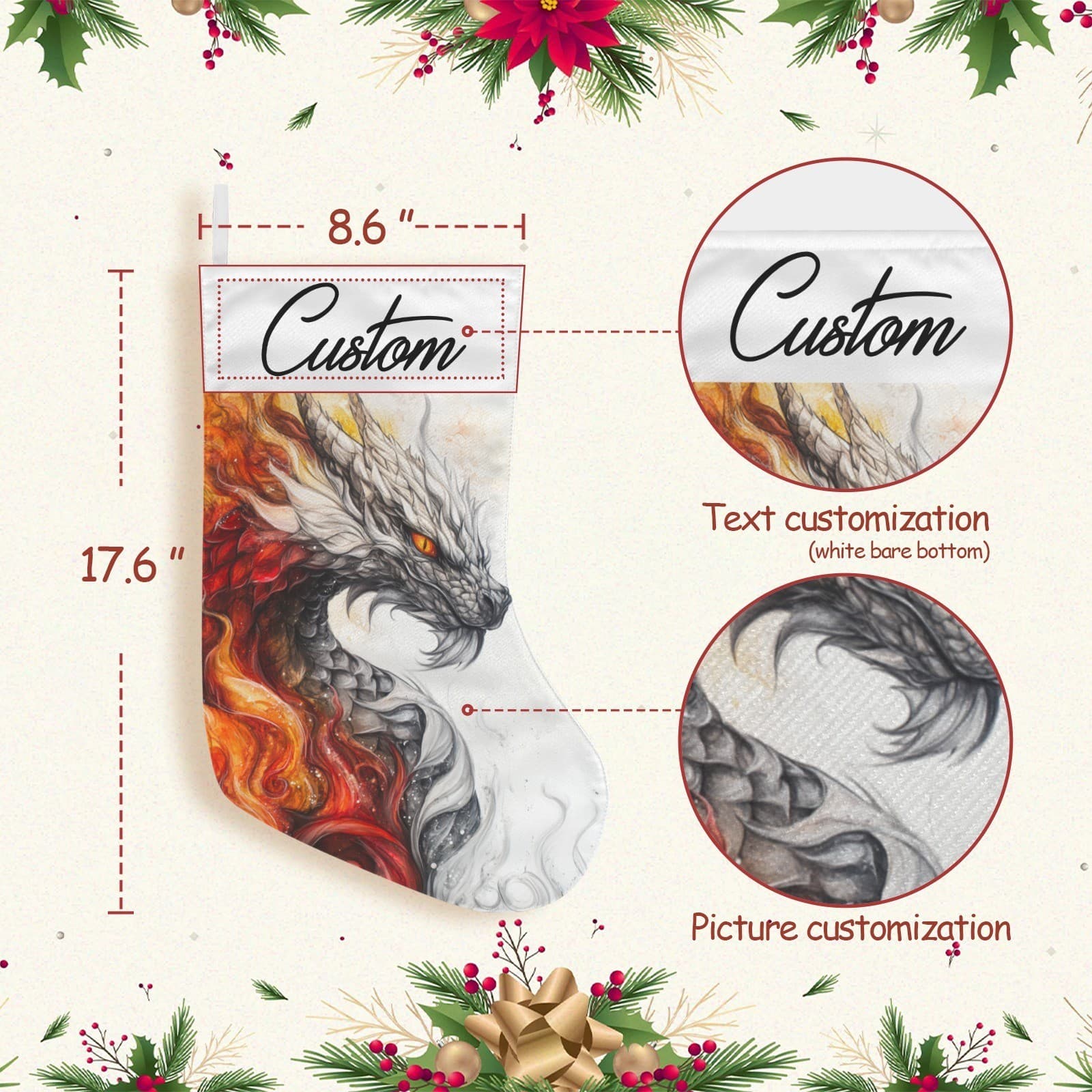Custom Dragon Christmas Stocking – Fire & Ice Mythical Holiday Decor Gift - Thumbnail 3