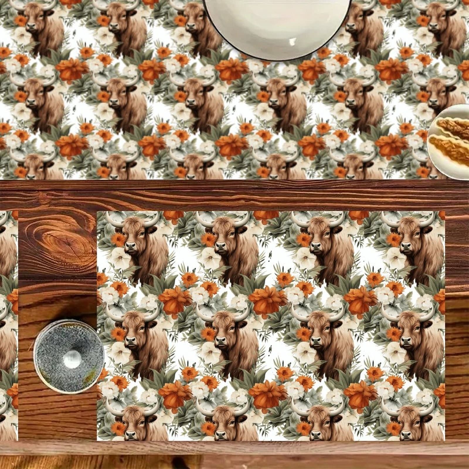 7-Piece Highland Cow Table Runner & Placemats Set – Rustic Western Farmhouse - Thumbnail 4