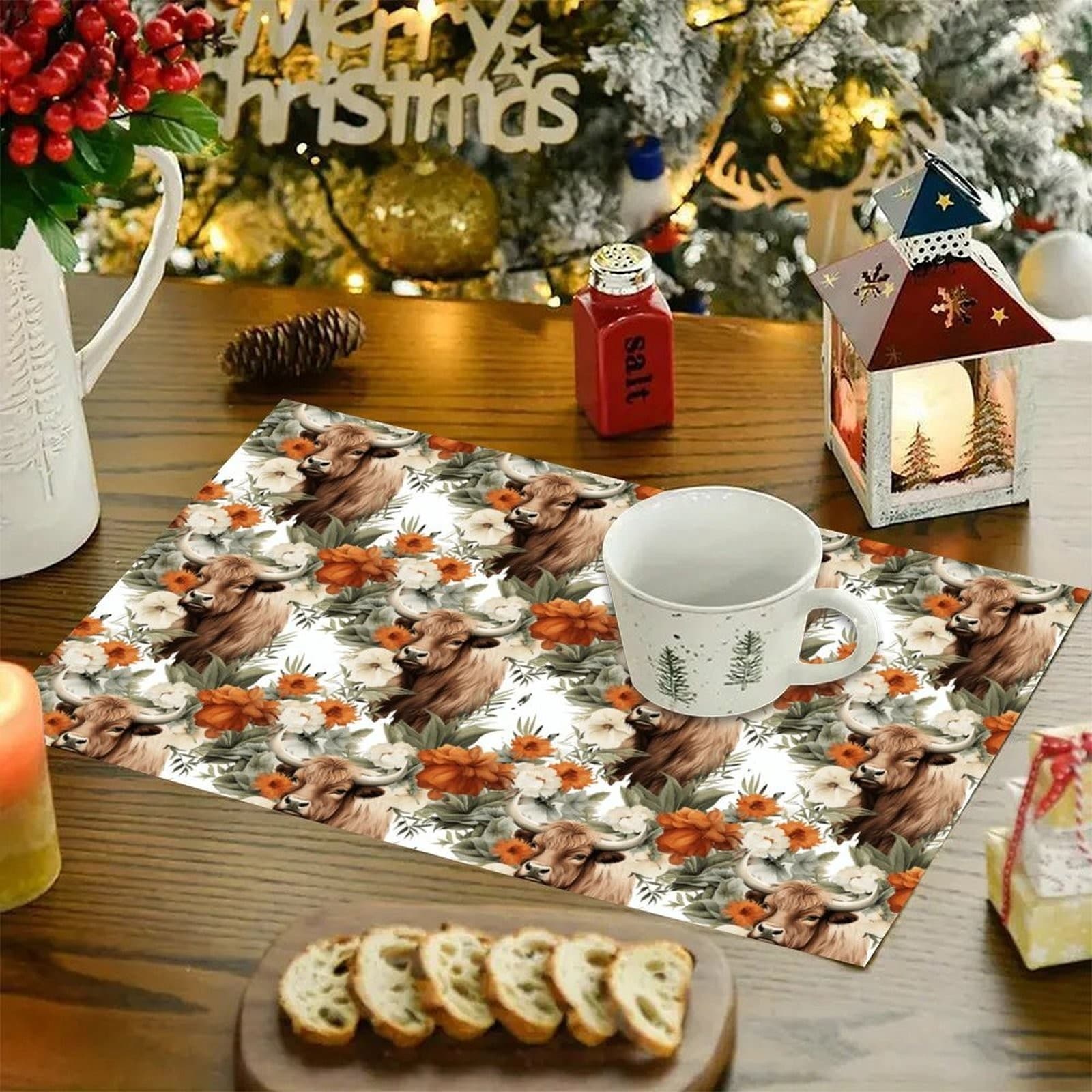 7-Piece Highland Cow Table Runner & Placemats Set – Rustic Western Farmhouse - Thumbnail 3