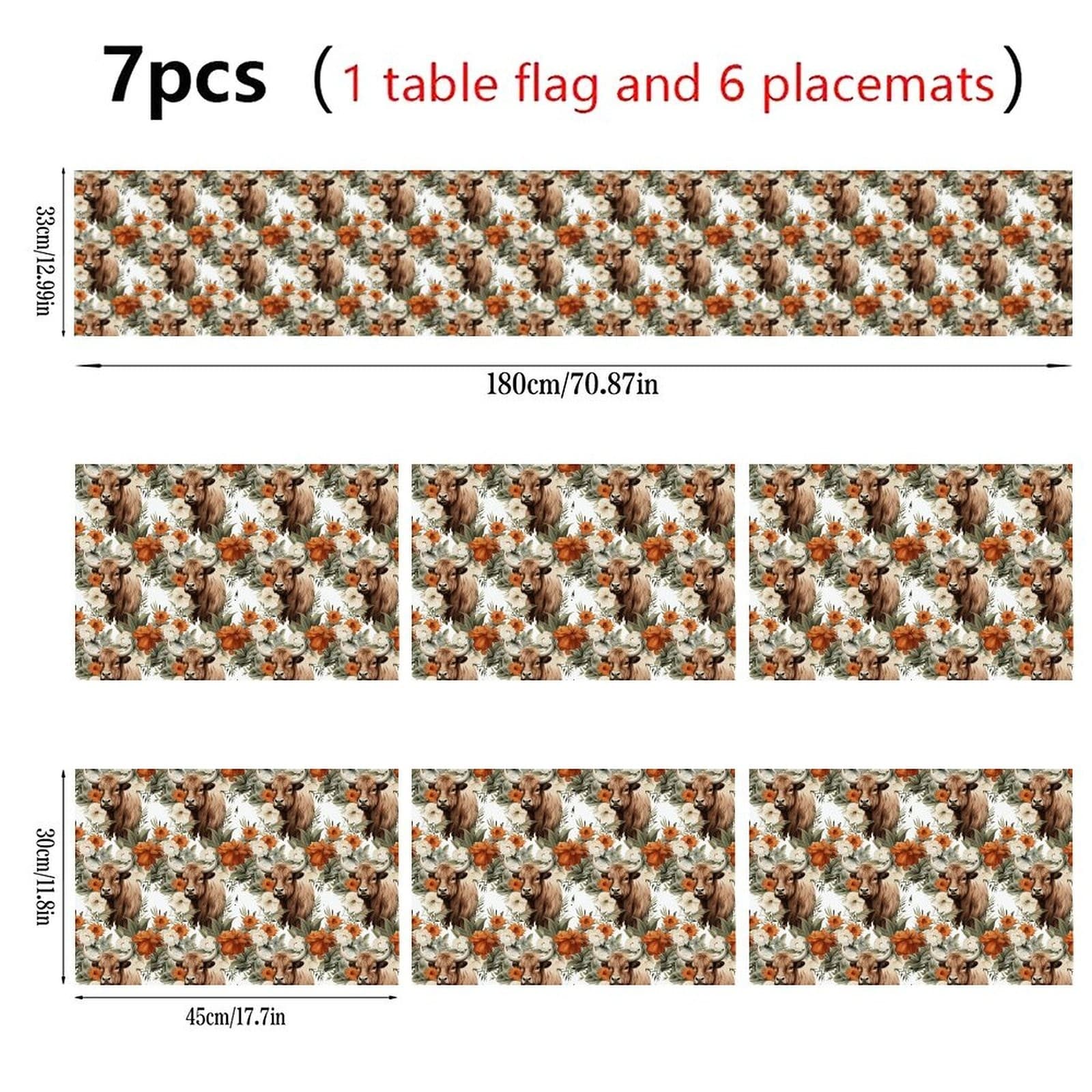 7-Piece Highland Cow Table Runner & Placemats Set – Rustic Western Farmhouse - Thumbnail 2