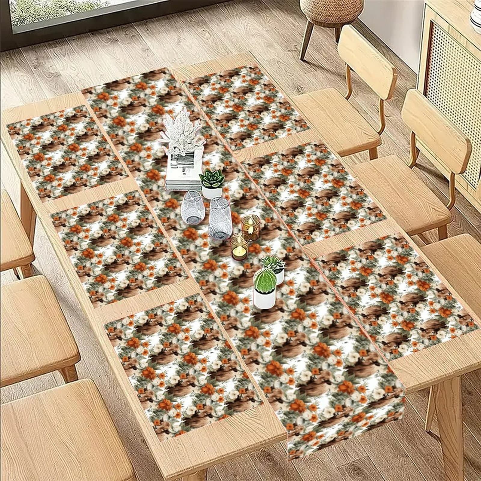 7-Piece Highland Cow Table Runner & Placemats Set – Rustic Western Farmhouse - Thumbnail 6