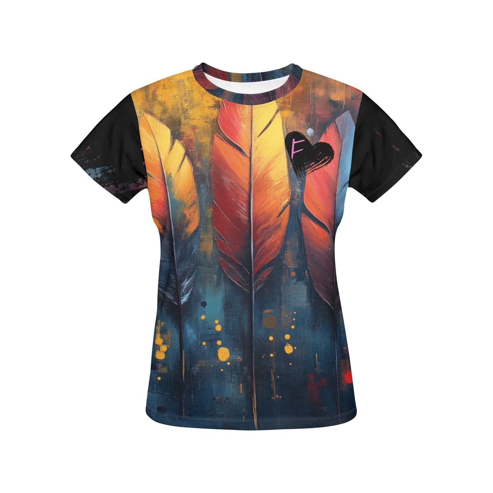 Feral Miss Feather Print Tee – Fall Flame Colors Graphic Shirt | XS–4XL