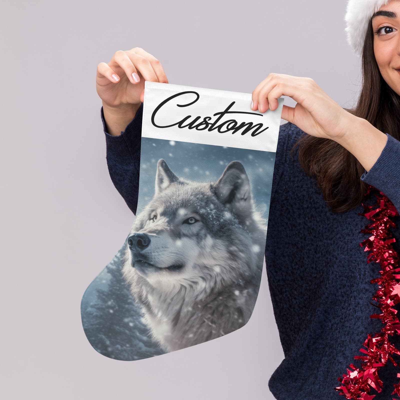 Personalized Wolf Christmas Stocking – Custom Name Woodland Cabin Holiday Décor - Thumbnail 2