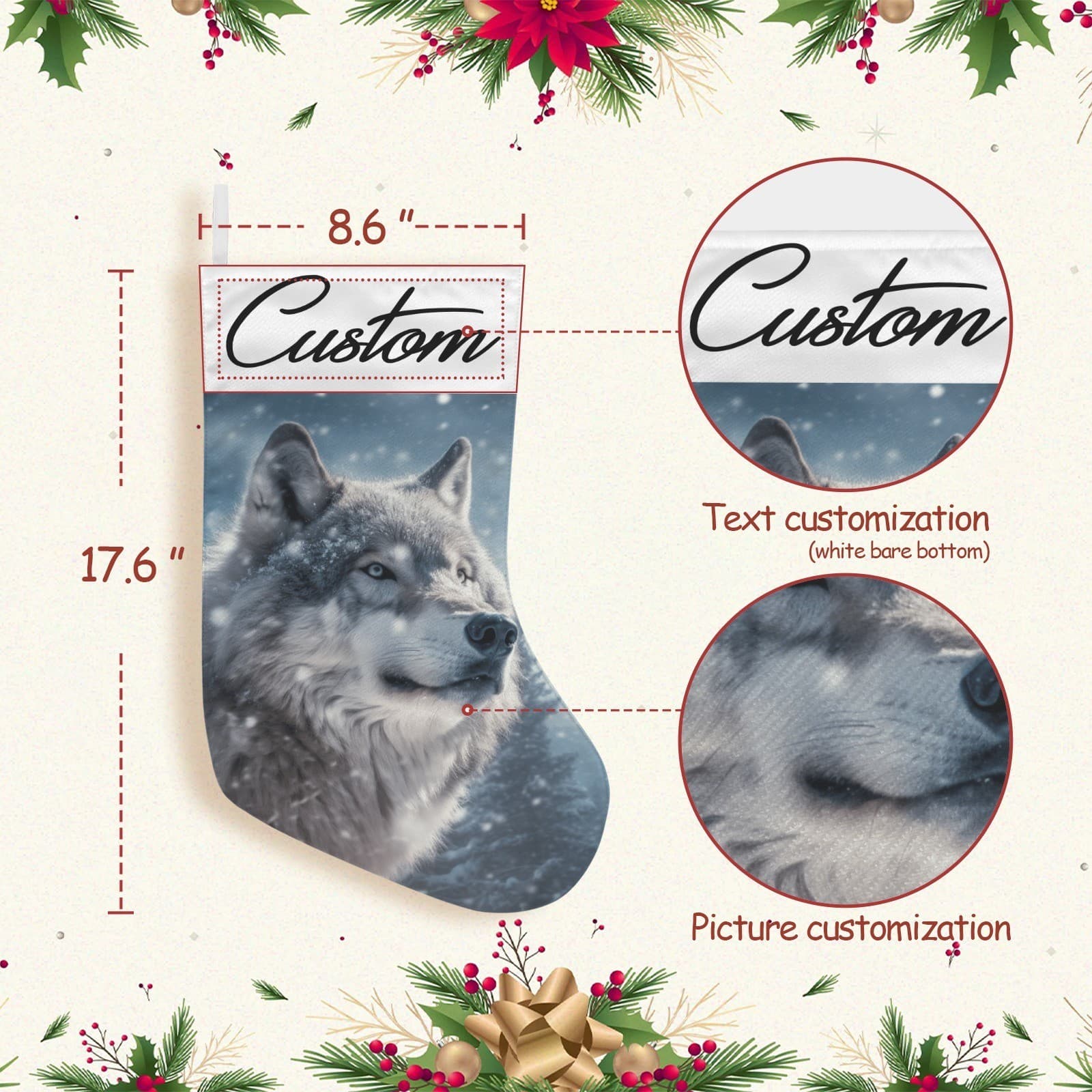Personalized Wolf Christmas Stocking – Custom Name Woodland Cabin Holiday Décor - Thumbnail 5