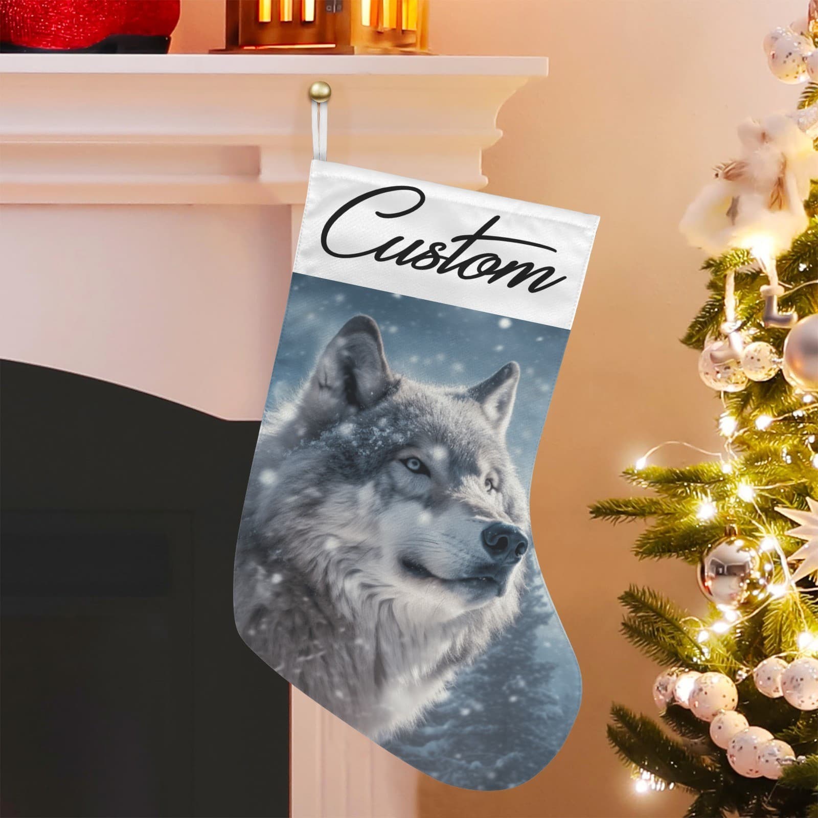 Personalized Wolf Christmas Stocking – Custom Name Woodland Cabin Holiday Décor - Thumbnail 3