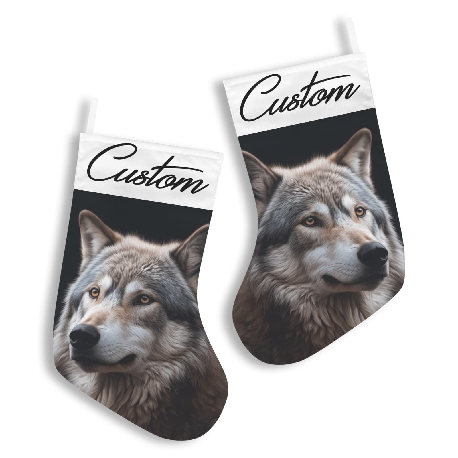 Custom Christmas Stocking Wolf Design – Personalized Holiday Fireplace Decor Gif