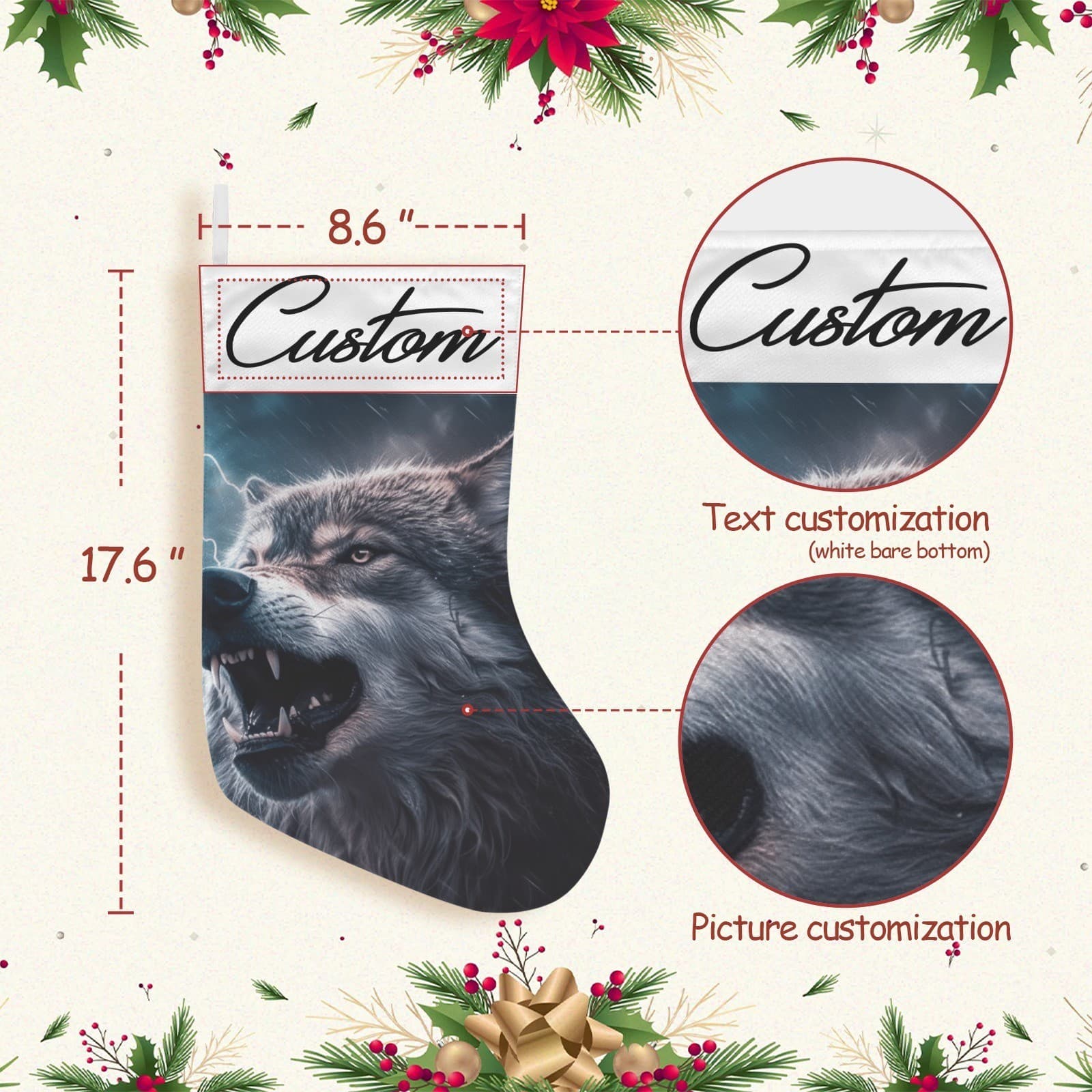 Personalized Wolf Christmas Stocking – Custom Name Fierce Storm Wolf Holiday Déc - Thumbnail 3