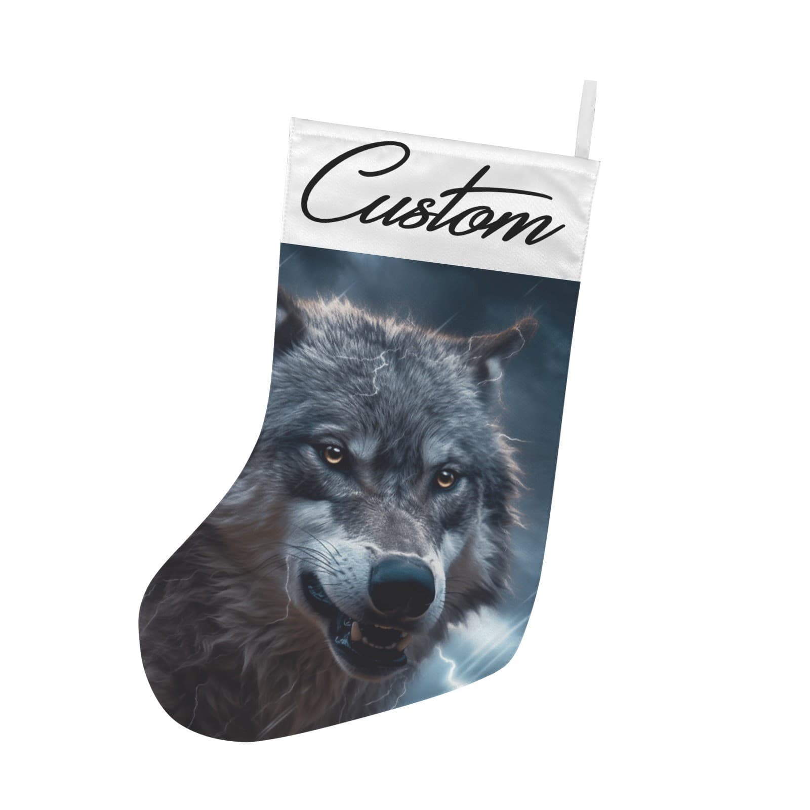 Personalized Wolf Christmas Stocking – Custom Name Storm Lightning Cabin Décor