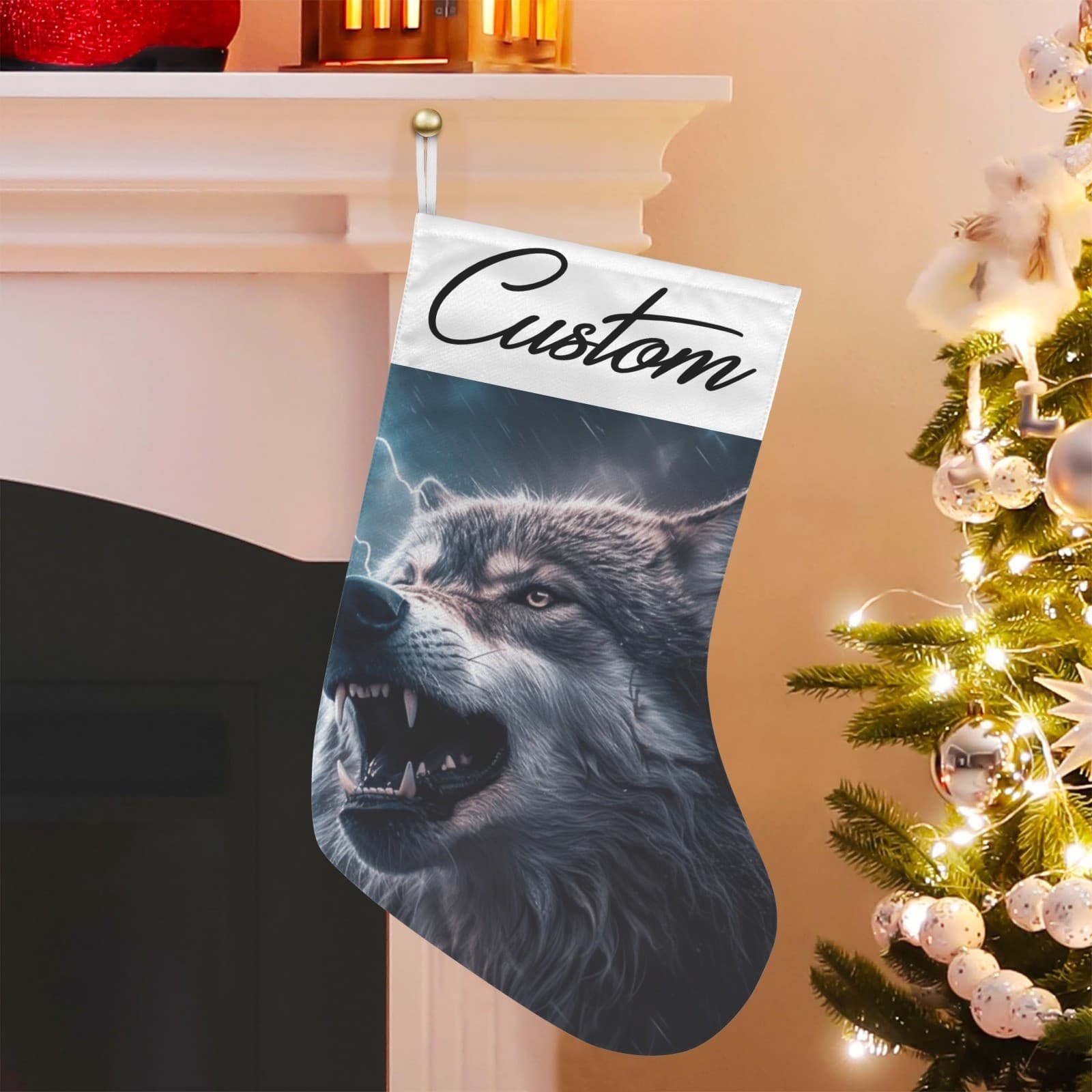Personalized Wolf Christmas Stocking – Custom Name Fierce Storm Wolf Holiday Déc - Thumbnail 4