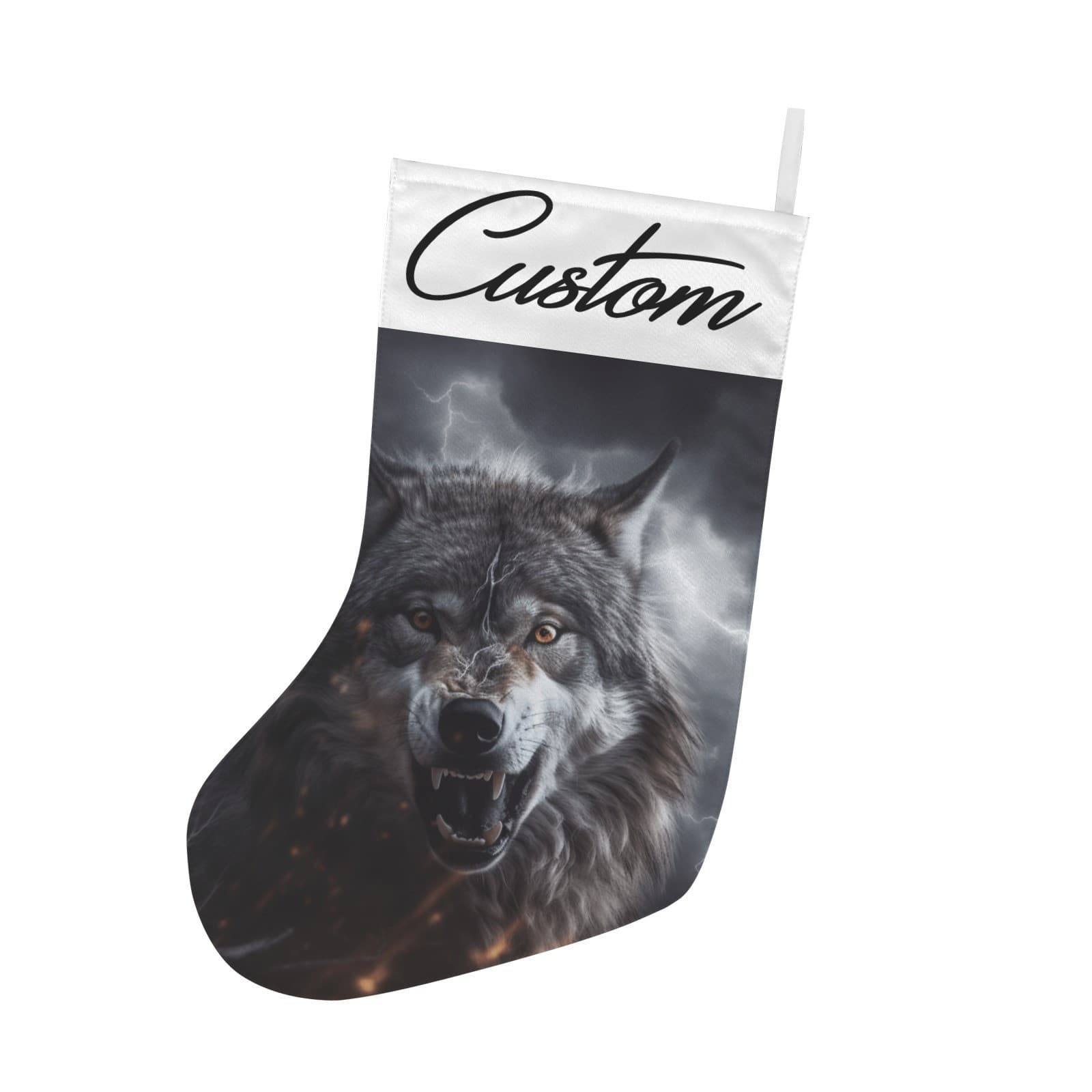 Personalized Wolf Christmas Stocking – Custom Name Snarling Storm Wolf Holiday D