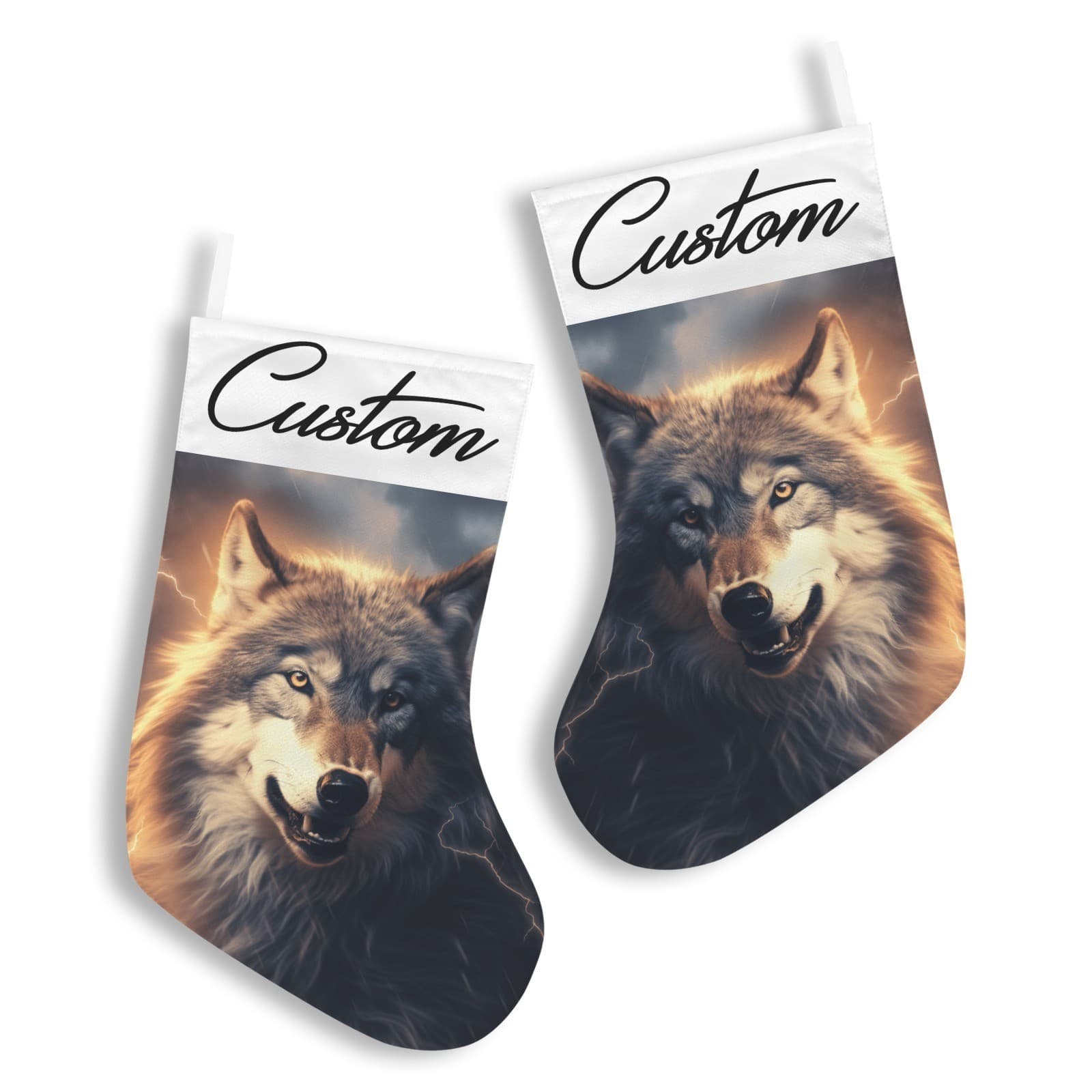 Personalized Wolf Christmas Stocking – Custom Name Storm Lightning Holiday Décor - Thumbnail 3