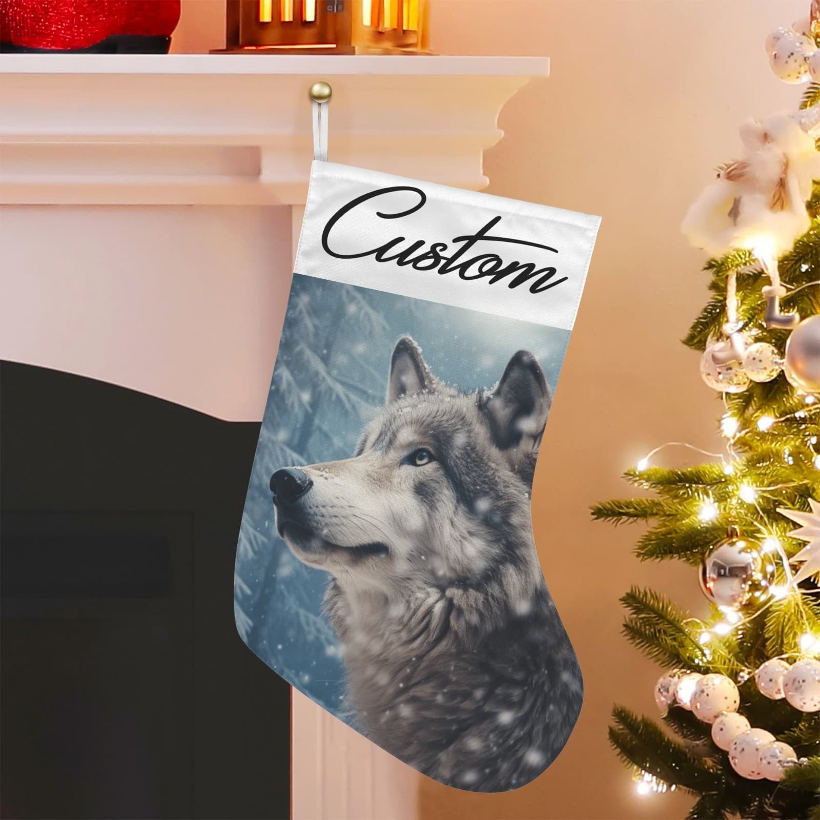 Personalized Wolf Christmas Stocking – Custom Name Woodland Cabin Holiday Décor - Thumbnail 3