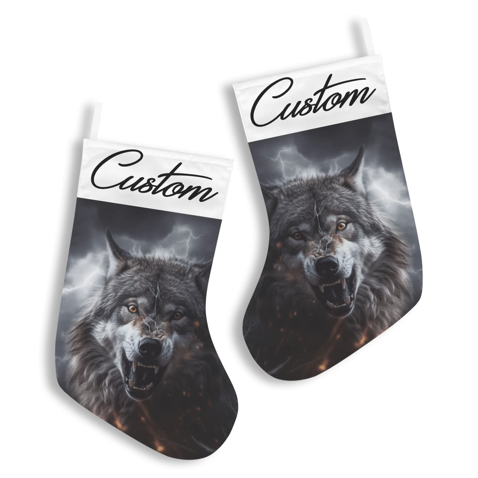 Personalized Wolf Christmas Stocking – Custom Name Snarling Storm Wolf Holiday D - Thumbnail 5