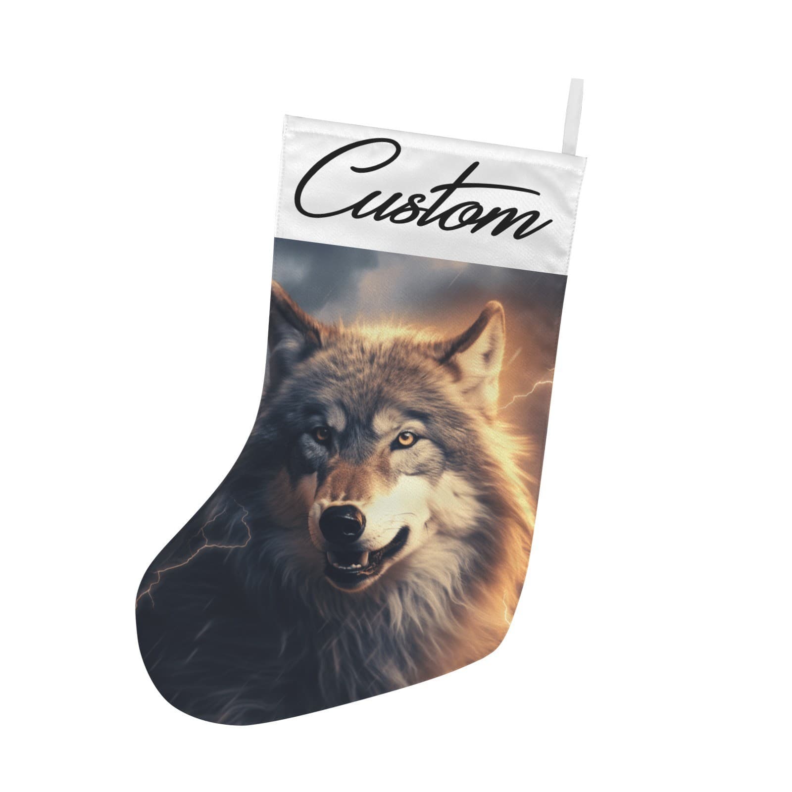 Personalized Wolf Christmas Stocking – Custom Name Storm Lightning Holiday Décor