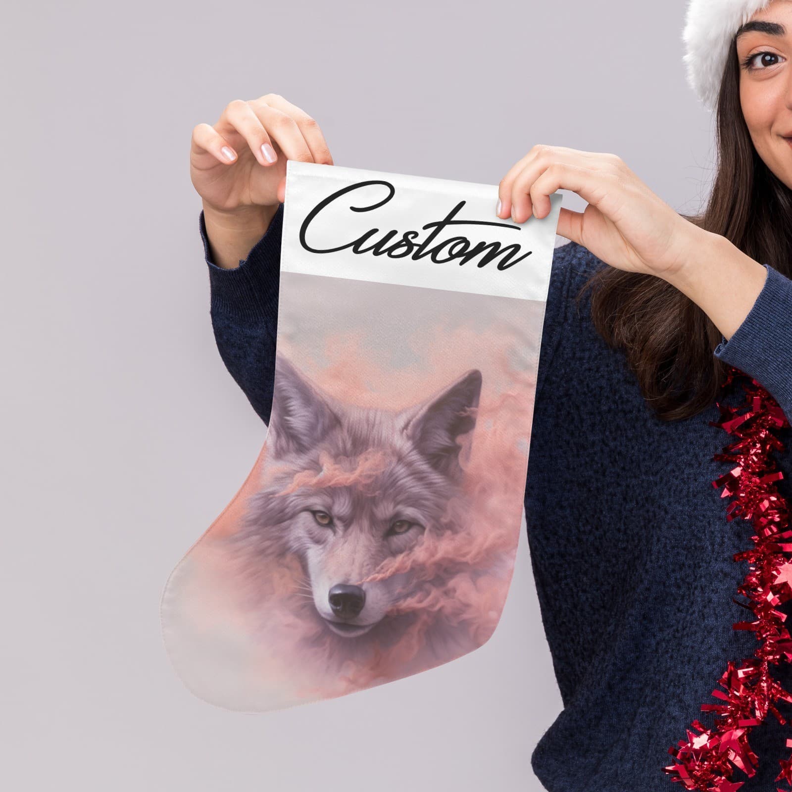 Custom Wolf Christmas Stocking – Pink Mist Wolf Personalized Holiday Decor - Thumbnail 4