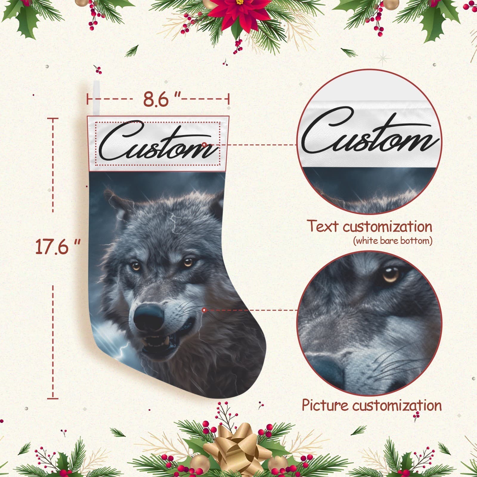 Personalized Wolf Christmas Stocking – Custom Name Storm Lightning Cabin Décor - Thumbnail 5