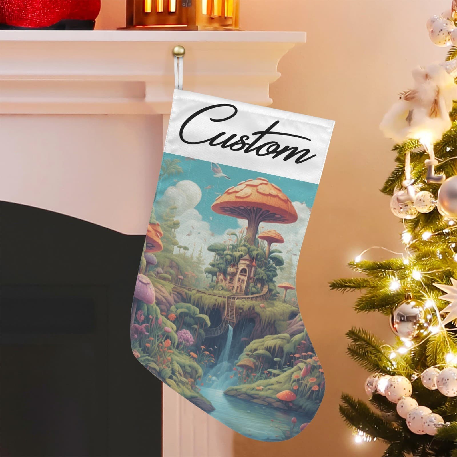 Personalized Mushroom Village Christmas Stocking – Custom Fantasy Holiday Décor - Thumbnail 4