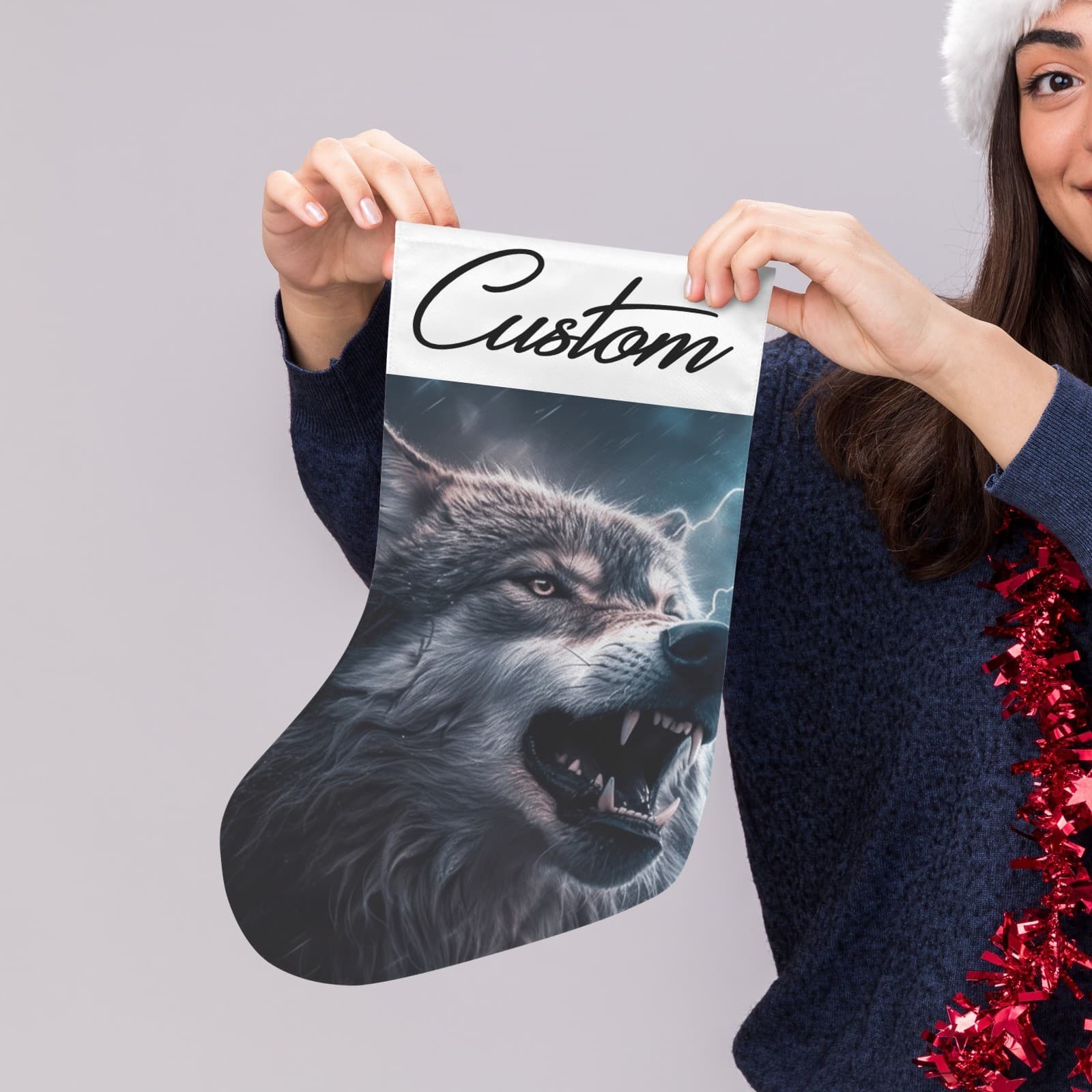 Personalized Wolf Christmas Stocking – Custom Name Fierce Storm Wolf Holiday Déc - Thumbnail 2
