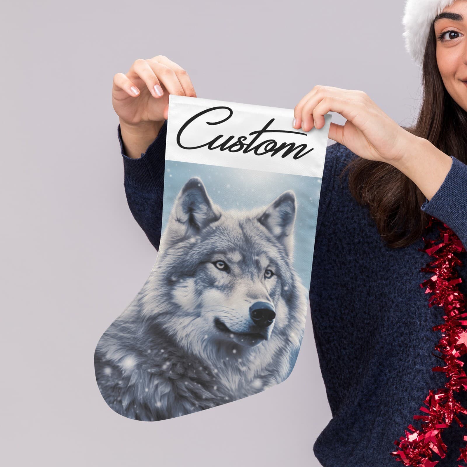 Personalized Wolf Christmas Stocking – Custom Name Woodland Winter Décor - Thumbnail 5