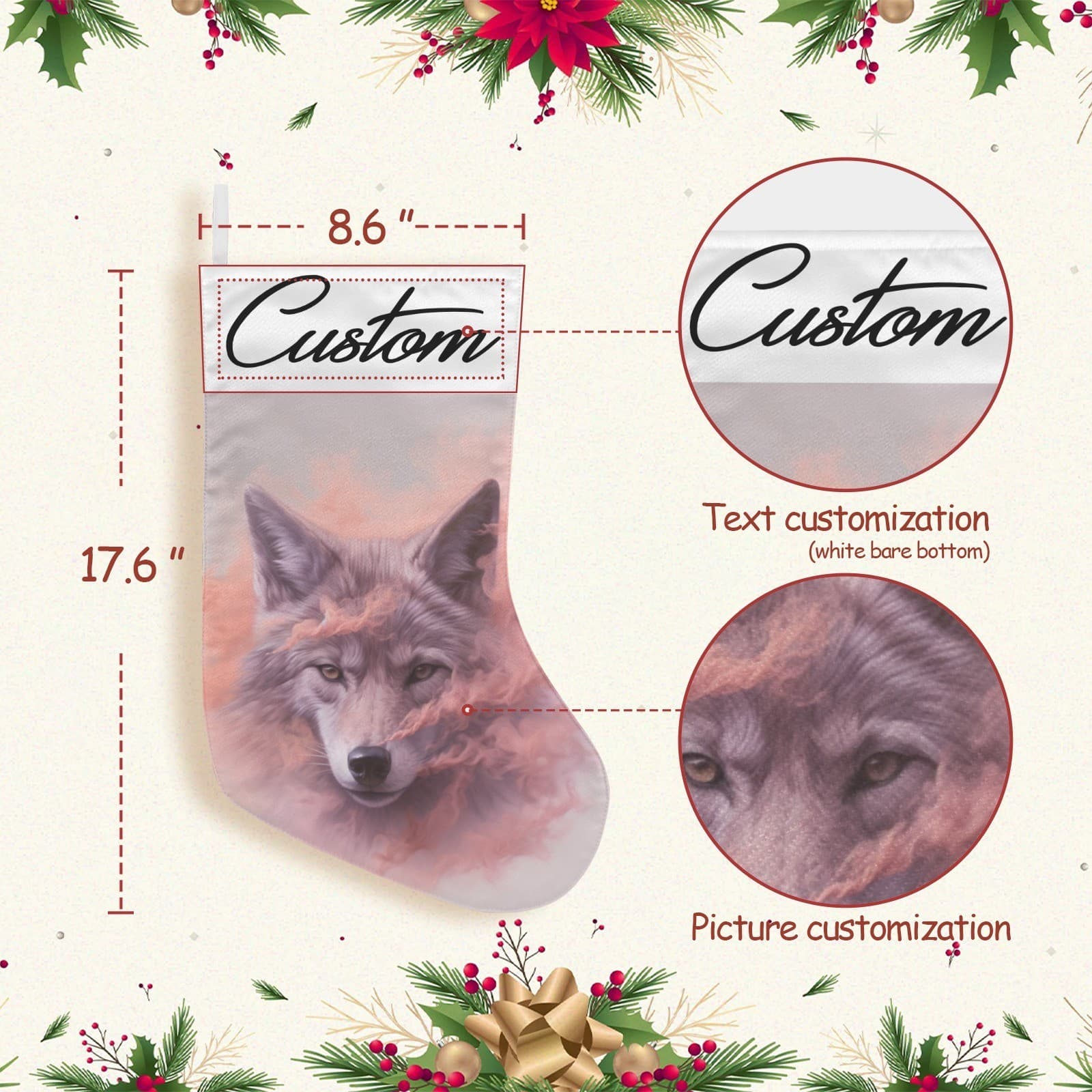 Custom Wolf Christmas Stocking – Pink Mist Wolf Personalized Holiday Decor - Thumbnail 3