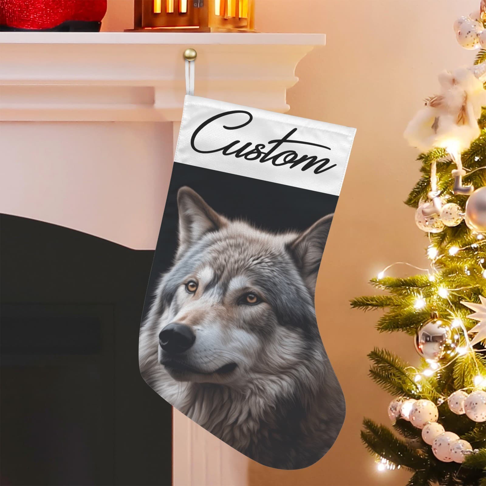 Custom Christmas Stocking Wolf Design – Personalized Holiday Fireplace Decor Gif - Thumbnail 4