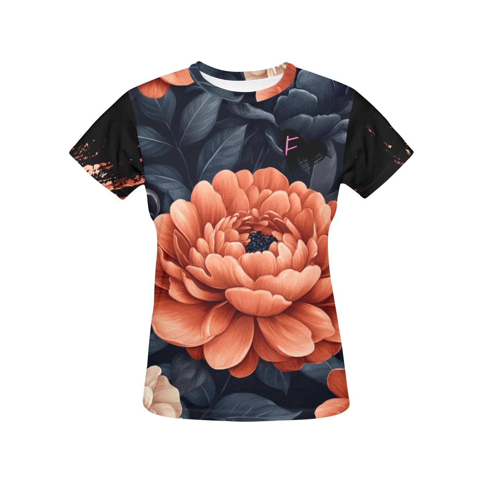 Feral Miss Rust Peony Tee – Bold Floral Shirt with Dark Leaves | XS–4XL