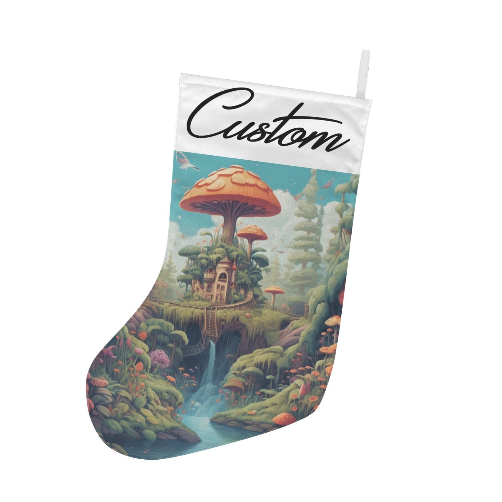 Personalized Mushroom Village Christmas Stocking – Custom Fantasy Holiday Décor