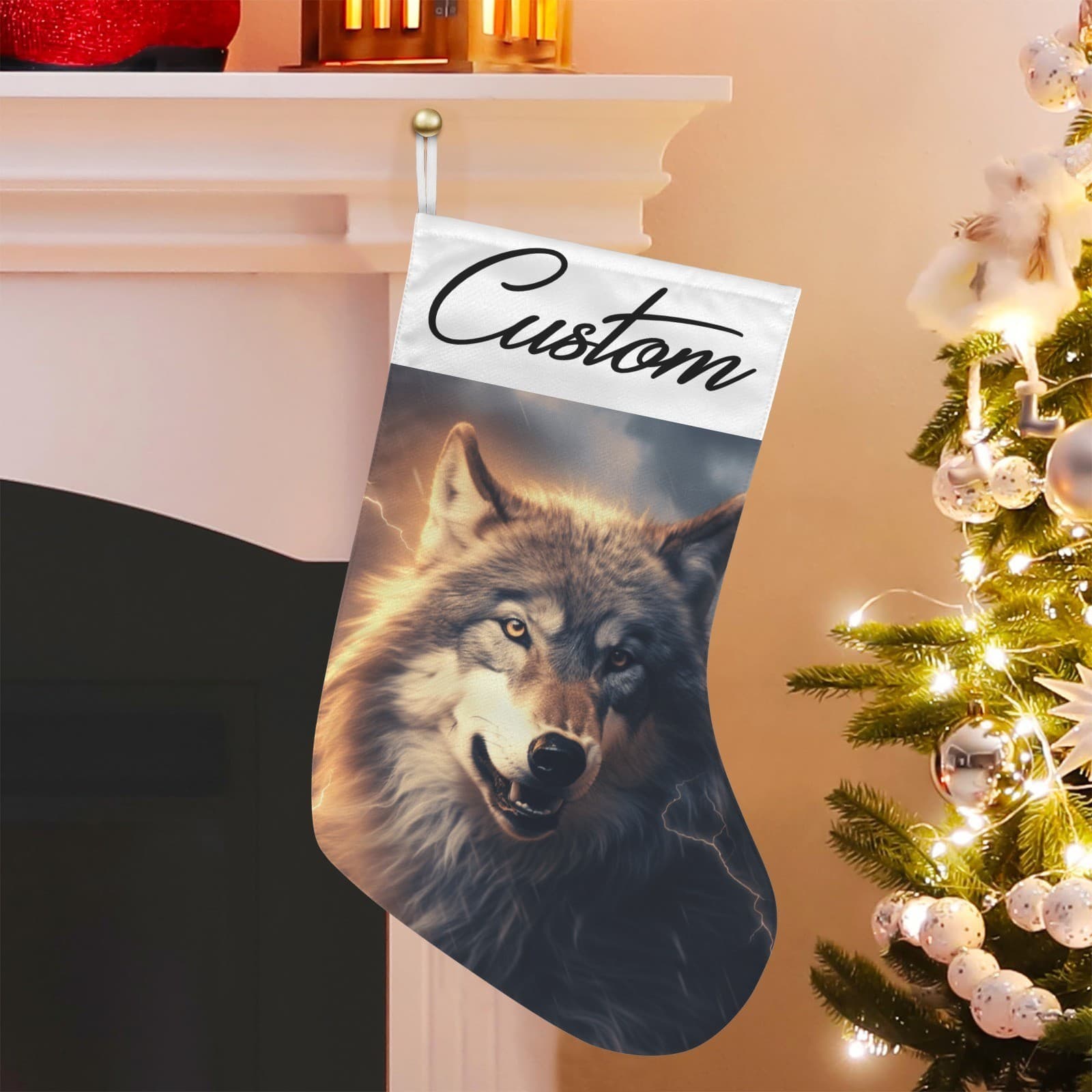 Personalized Wolf Christmas Stocking – Custom Name Storm Lightning Holiday Décor - Thumbnail 5