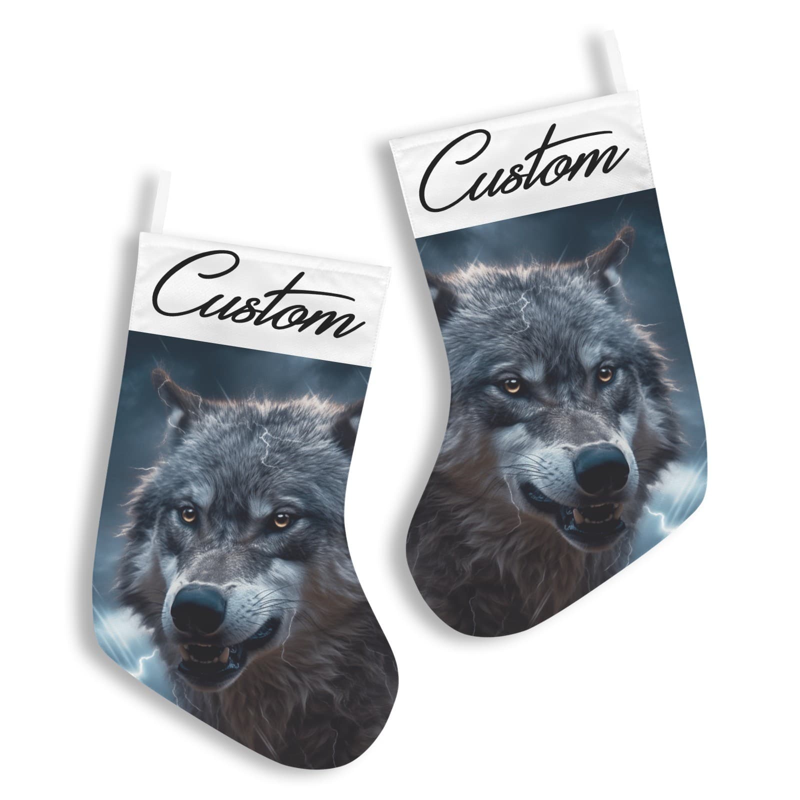 Personalized Wolf Christmas Stocking – Custom Name Storm Lightning Cabin Décor - Thumbnail 2