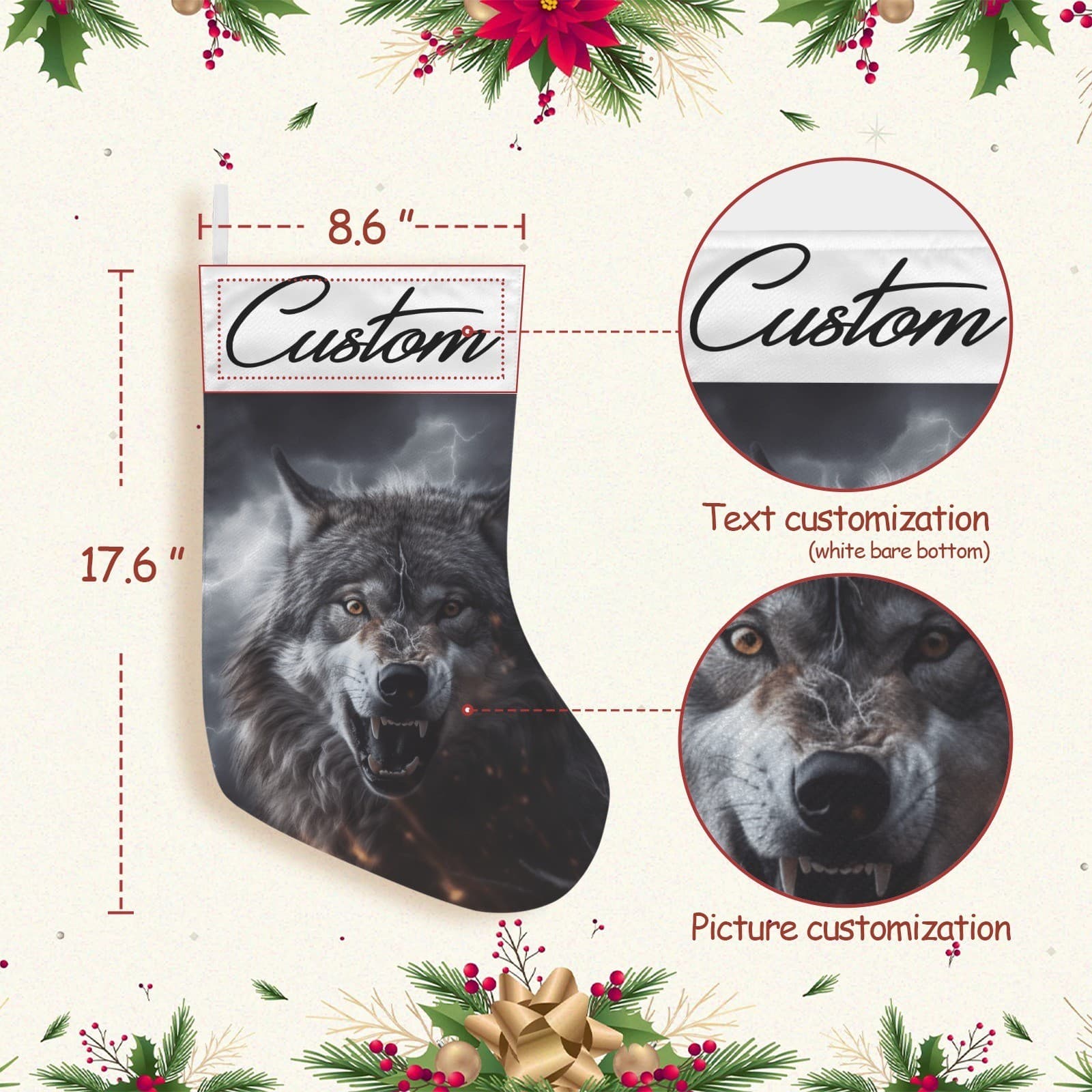 Personalized Wolf Christmas Stocking – Custom Name Snarling Storm Wolf Holiday D - Thumbnail 2