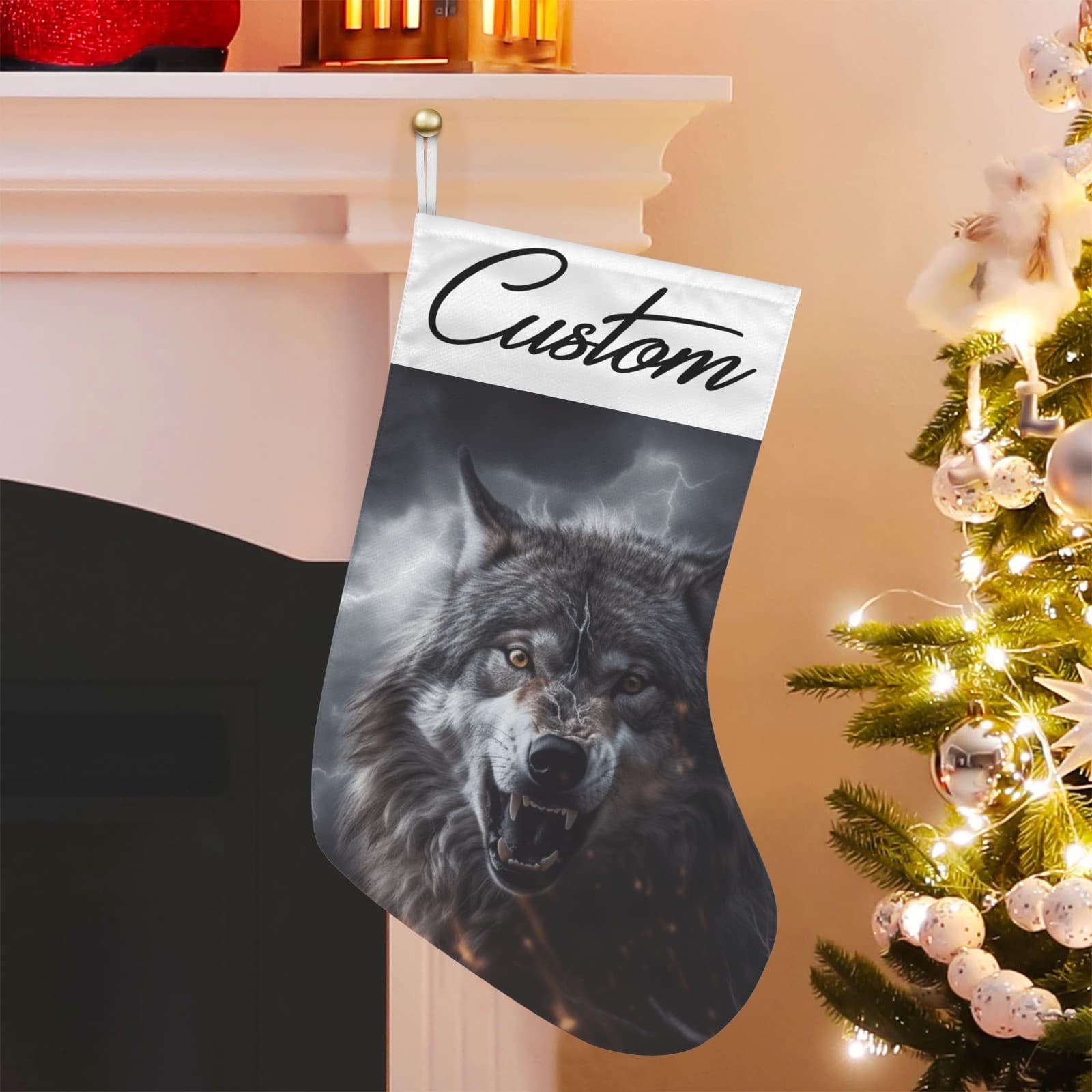 Personalized Wolf Christmas Stocking – Custom Name Snarling Storm Wolf Holiday D - Thumbnail 3