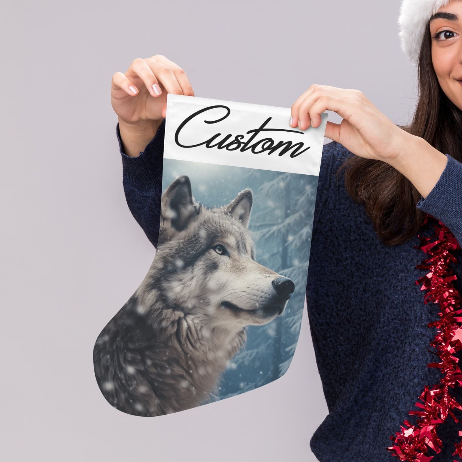 Personalized Wolf Christmas Stocking – Custom Name Woodland Cabin Holiday Décor - Thumbnail 4