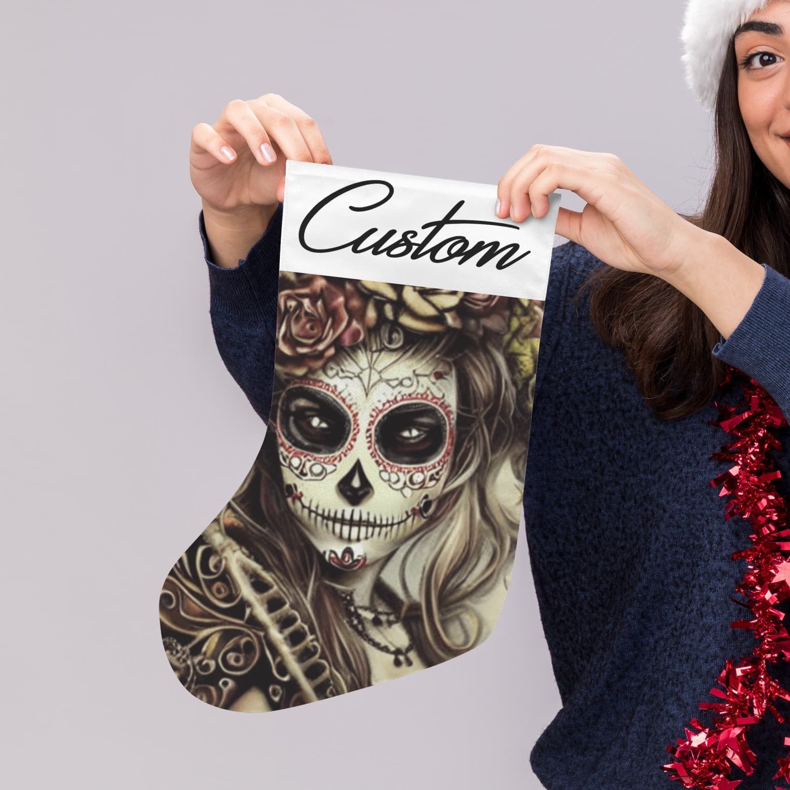 Personalized Sugar Skull Christmas Stocking – Custom Day of the Dead Holiday Déc - Thumbnail 4