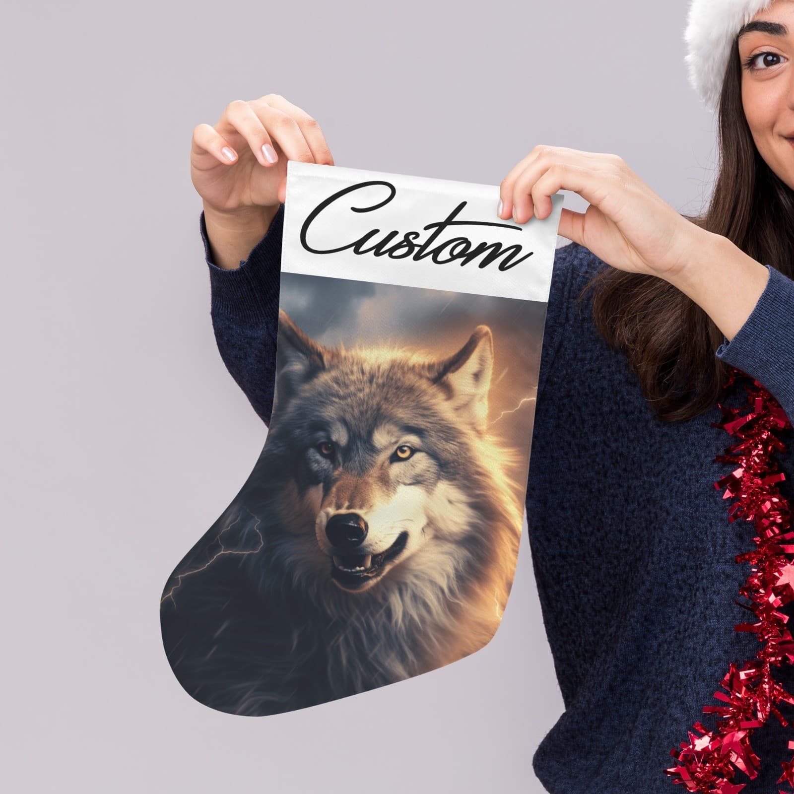 Personalized Wolf Christmas Stocking – Custom Name Storm Lightning Holiday Décor - Thumbnail 4