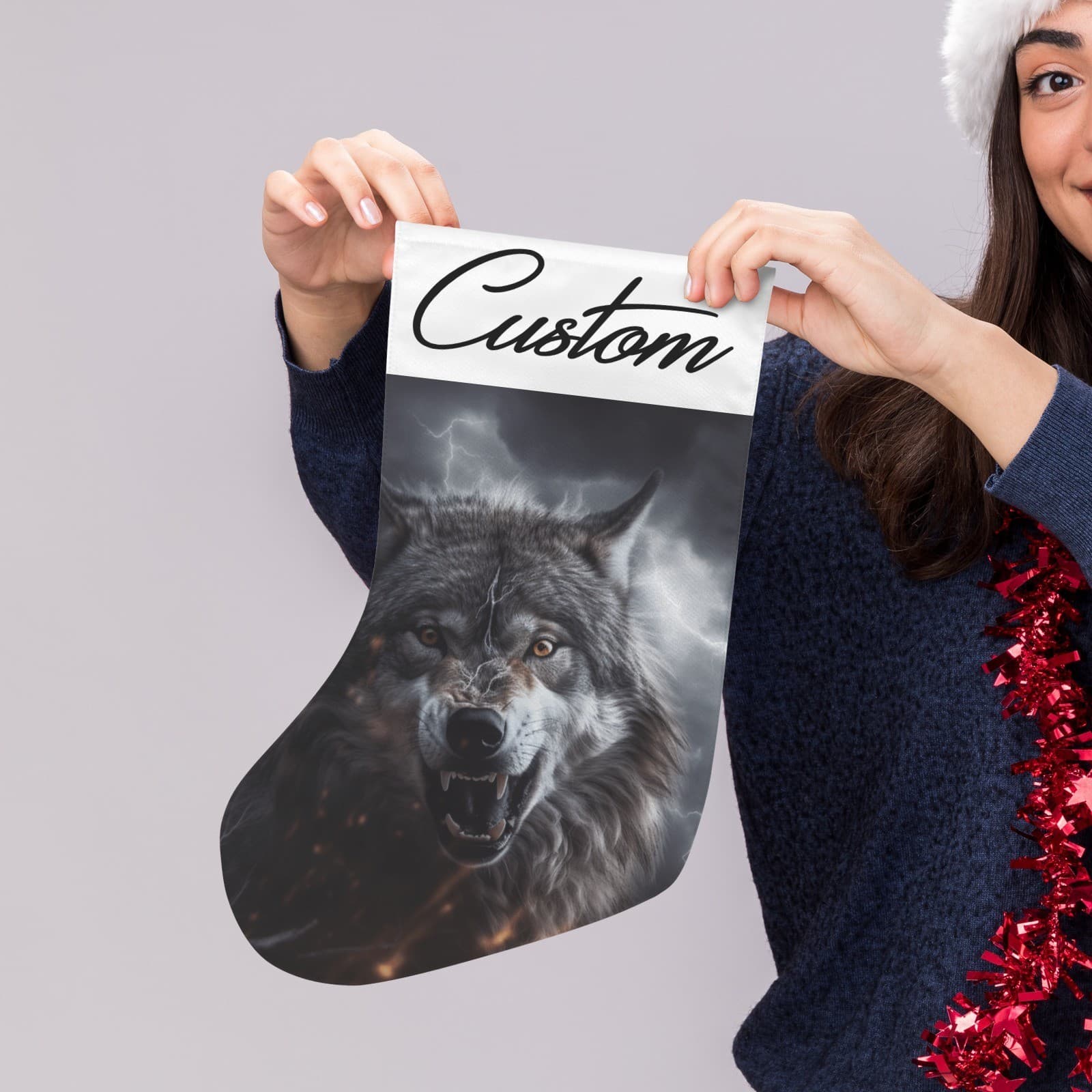 Personalized Wolf Christmas Stocking – Custom Name Snarling Storm Wolf Holiday D - Thumbnail 4