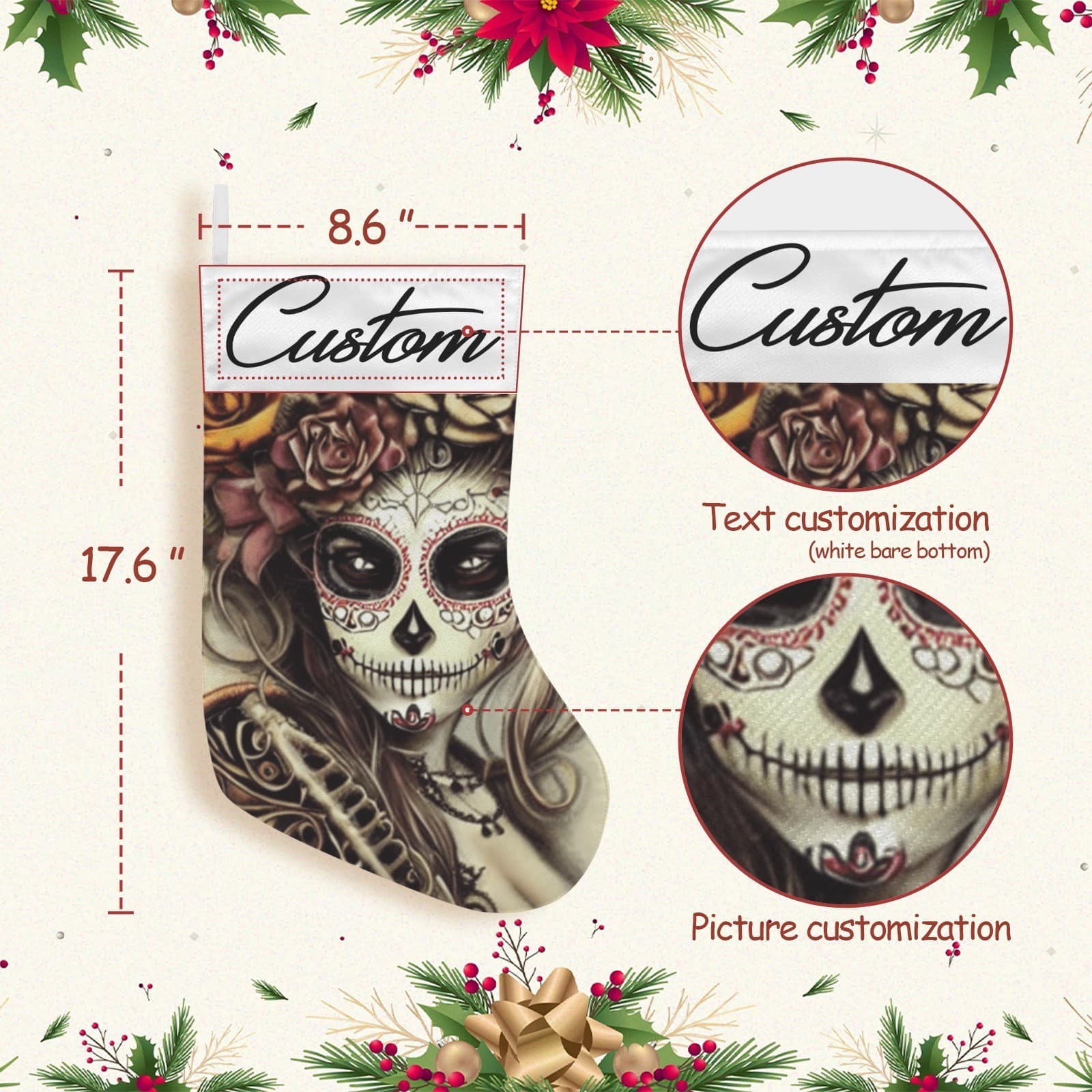 Personalized Sugar Skull Christmas Stocking – Custom Day of the Dead Holiday Déc - Thumbnail 5
