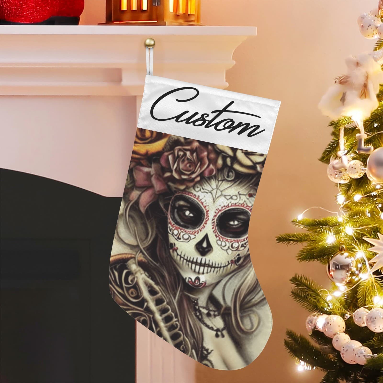Personalized Sugar Skull Christmas Stocking – Custom Day of the Dead Holiday Déc - Thumbnail 2