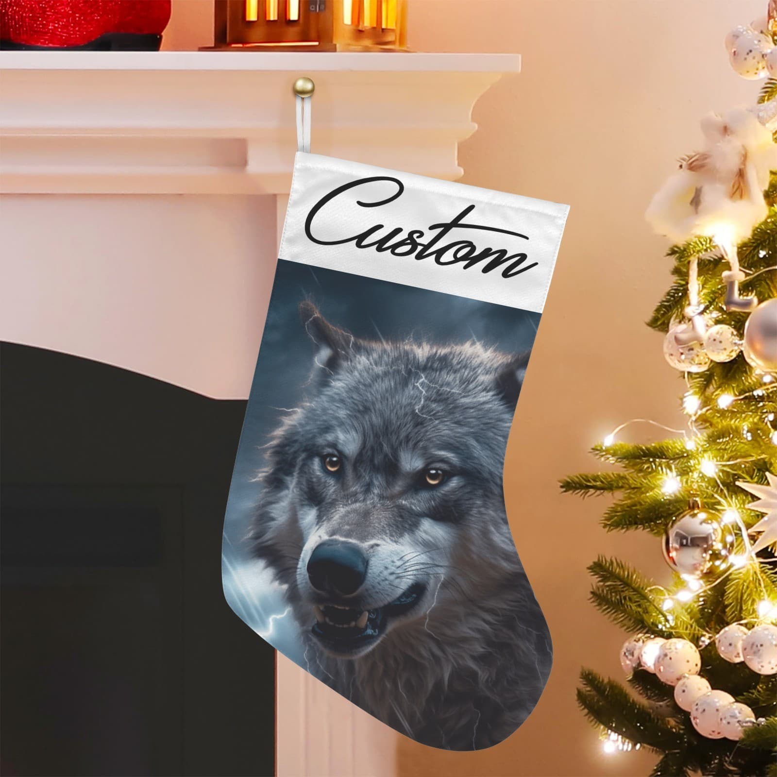 Personalized Wolf Christmas Stocking – Custom Name Storm Lightning Cabin Décor - Thumbnail 3