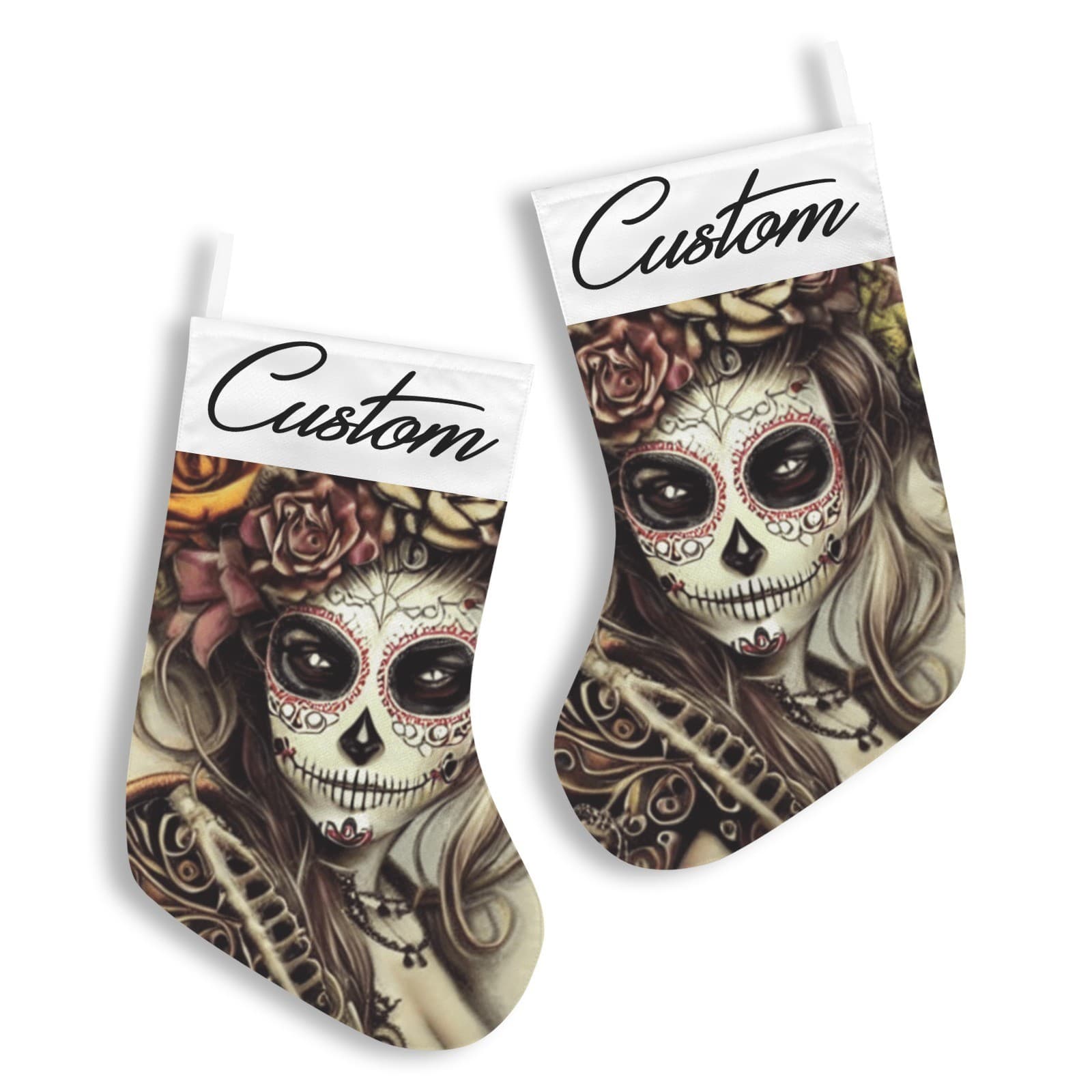 Personalized Sugar Skull Christmas Stocking – Custom Day of the Dead Holiday Déc - Thumbnail 3