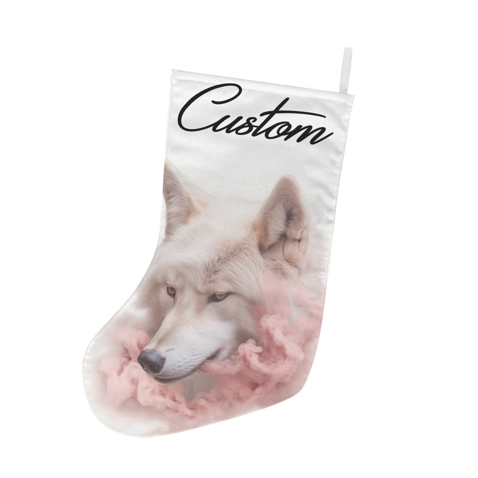 Custom White Wolf Christmas Stocking – Pink Smoke Personalized Holiday Décor