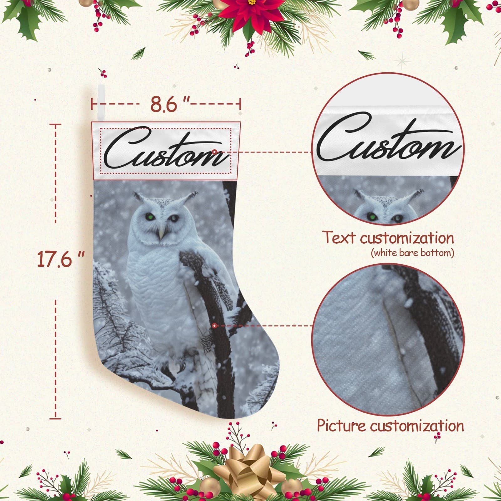 Custom Snowy Owl Christmas Stocking – Personalized Winter Woodland Holiday Decor - Thumbnail 2